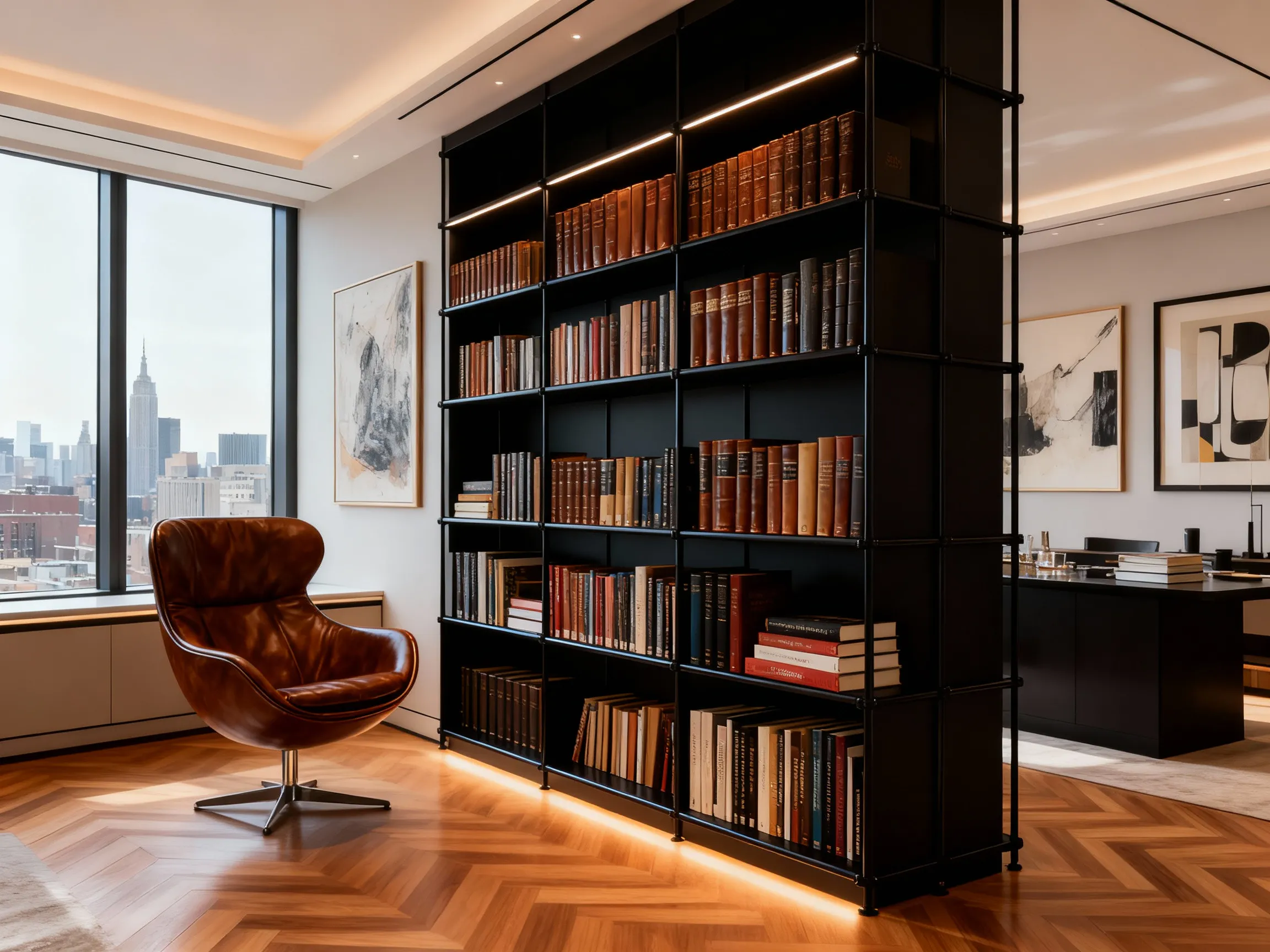 A reading corner with a black shelving system and cognac leather lounge chair
