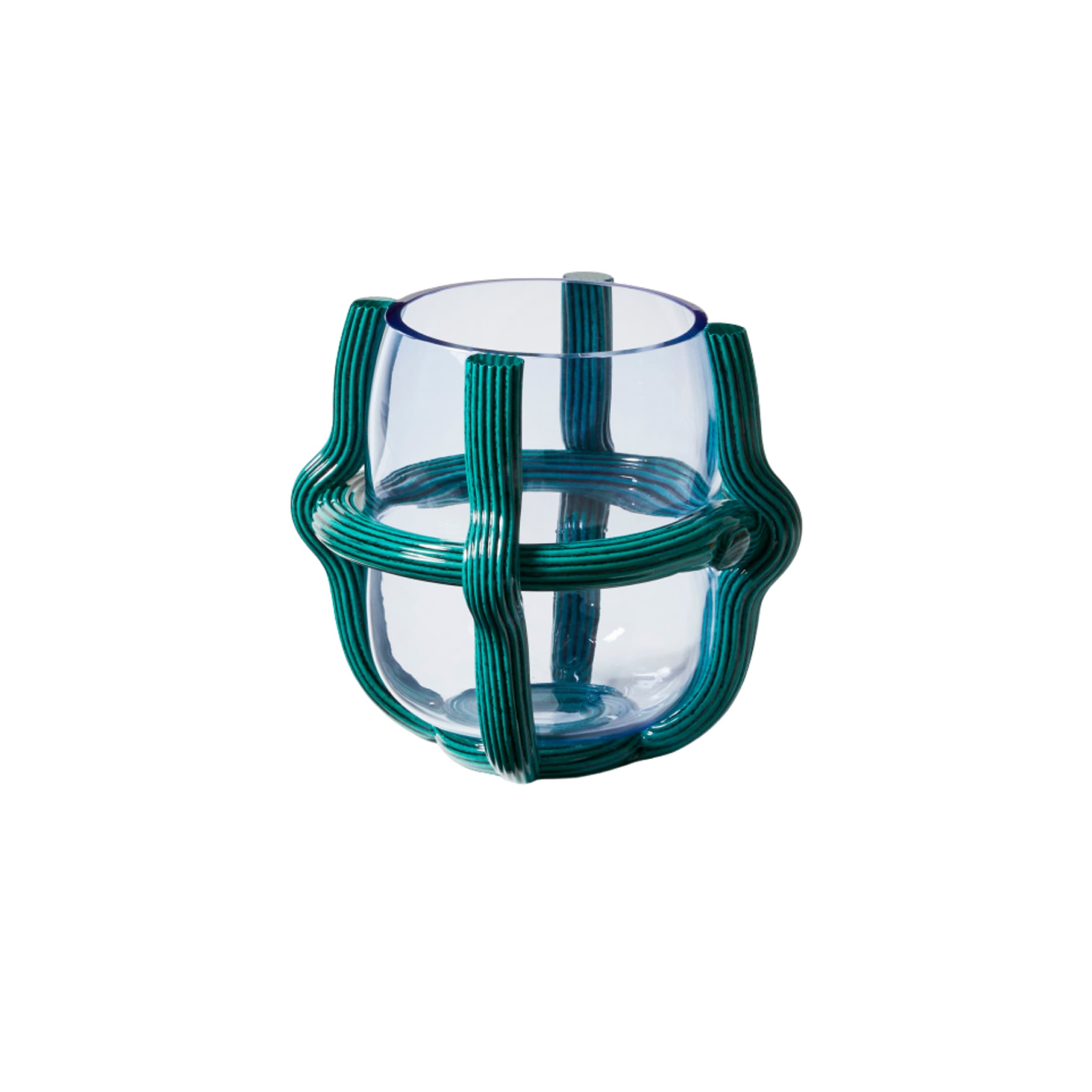 SESTIERE Glass Vase, 270x260 mm, Murano Glass, Light Blue Body, Petrol/Black Green Band